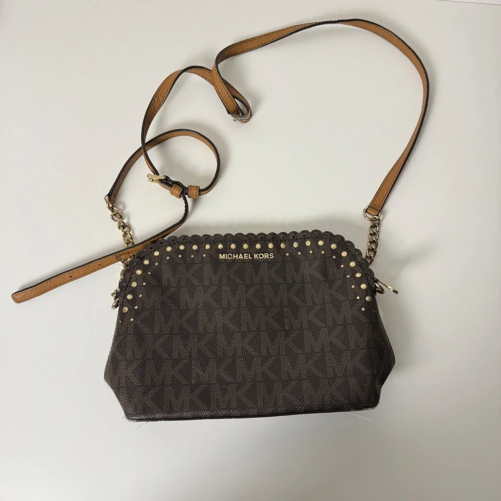 Michael Kors Signature Monogram Scallop Studded‎ Crossbody Bag Brown